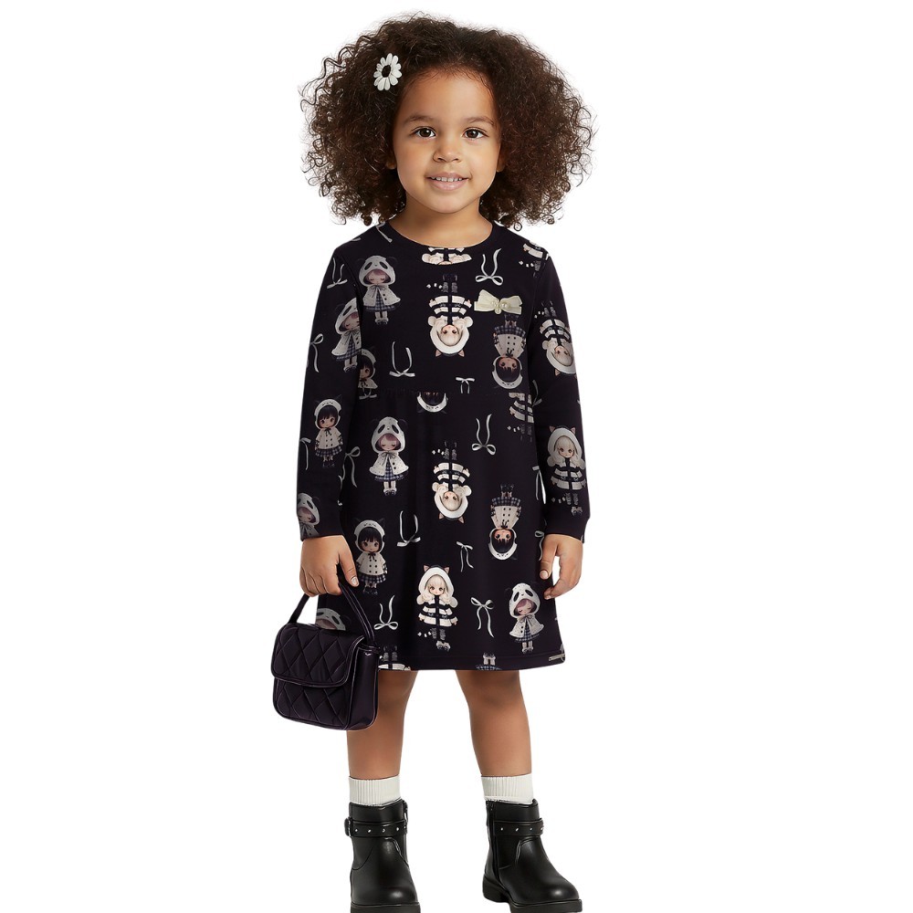 Vestido Manga Longa Menina Alakazoo em Malha Soft Classic Preto