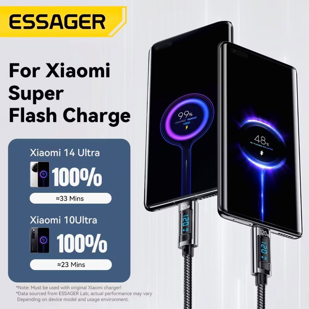 Cabo ESSAGER Para XIAOMI HyperCharge/Turbo Charge Suporta USB Tipo A C 120W 6A Com Display Digital-REDMI-POCO-1 Metro