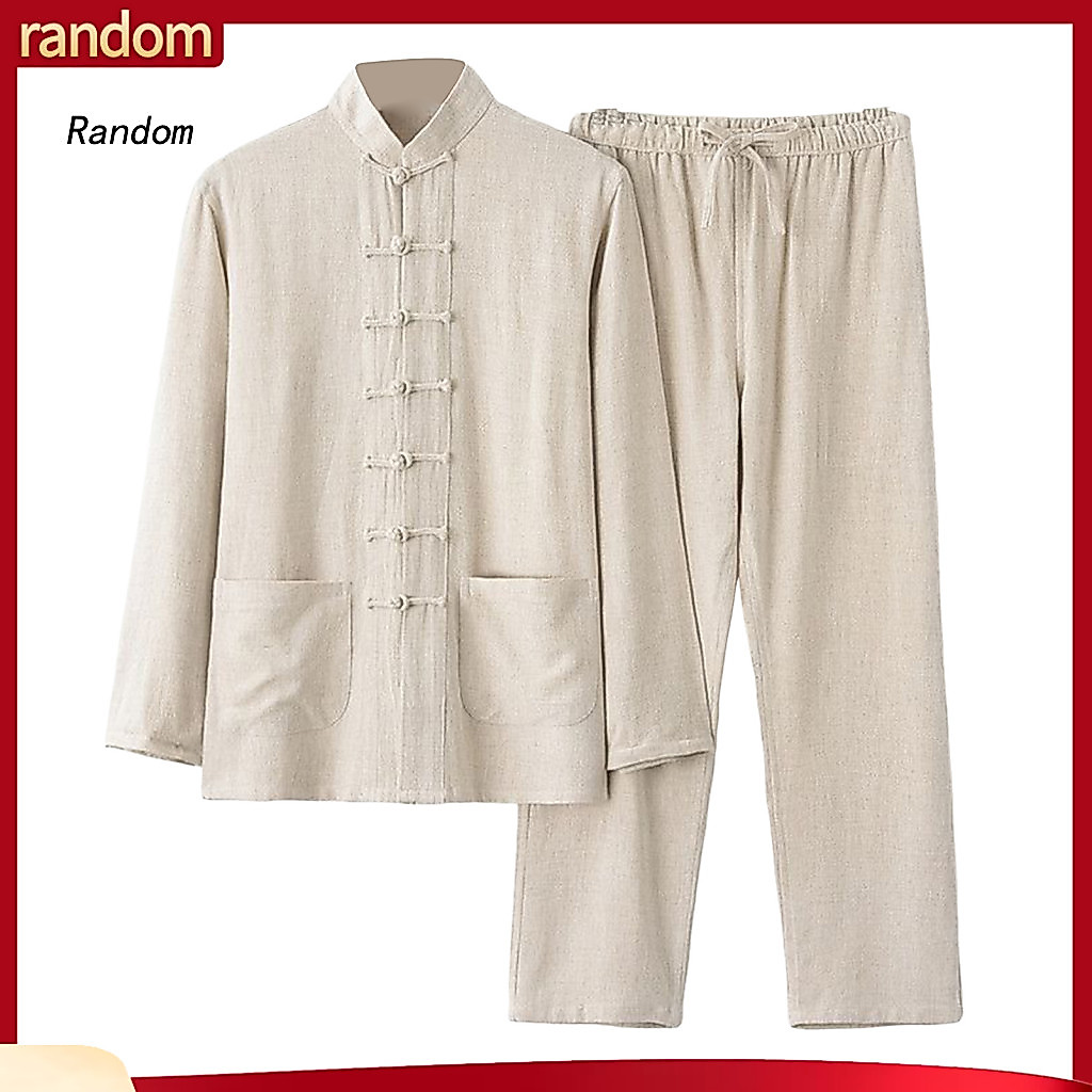 Regular Fit Men Ensemble Casual Suit Set Men's Two-piece Chinese Style Stand Collar Shirt with Disc Buckles Pockets  Dra