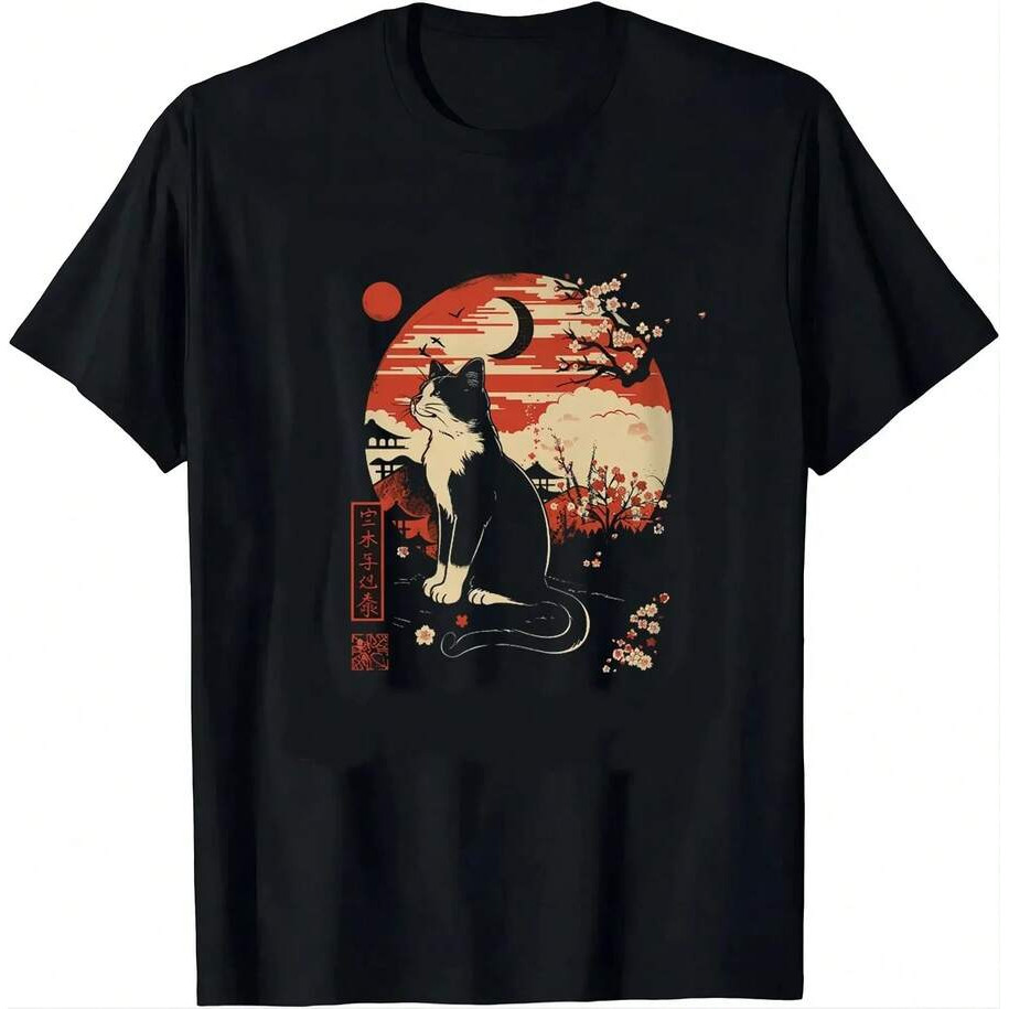 Camiseta Masculina Feminina Oversized Estampa Gato Tuxedo Estilo Ukiyo-e Japonês Sol Vermelho Lua Crescente Cerejeiras
