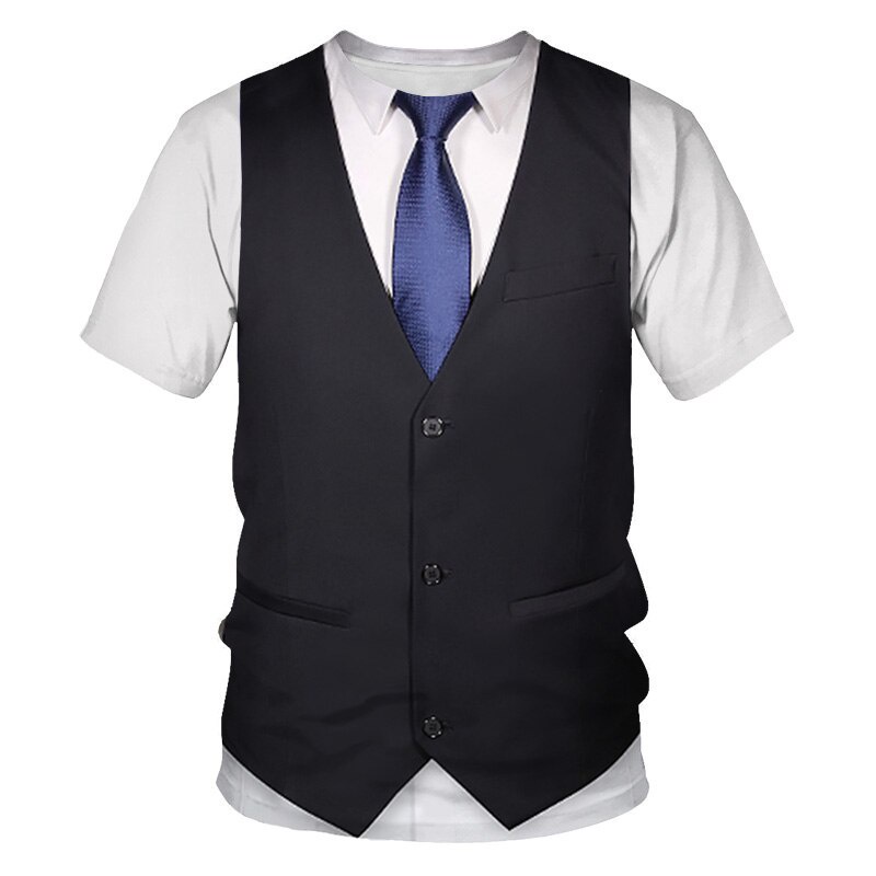 Camiseta De Verão Homem Fato Falso Colete Fashion Tuxedo Laço Gravata Pescoço Manga Curta Top