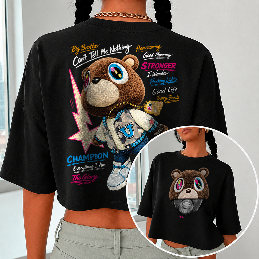 Blusinha Cropped OVERSIZED Tshirt Kanye West Graduation Bear School Album Rap Tee Carton Tour Unissex