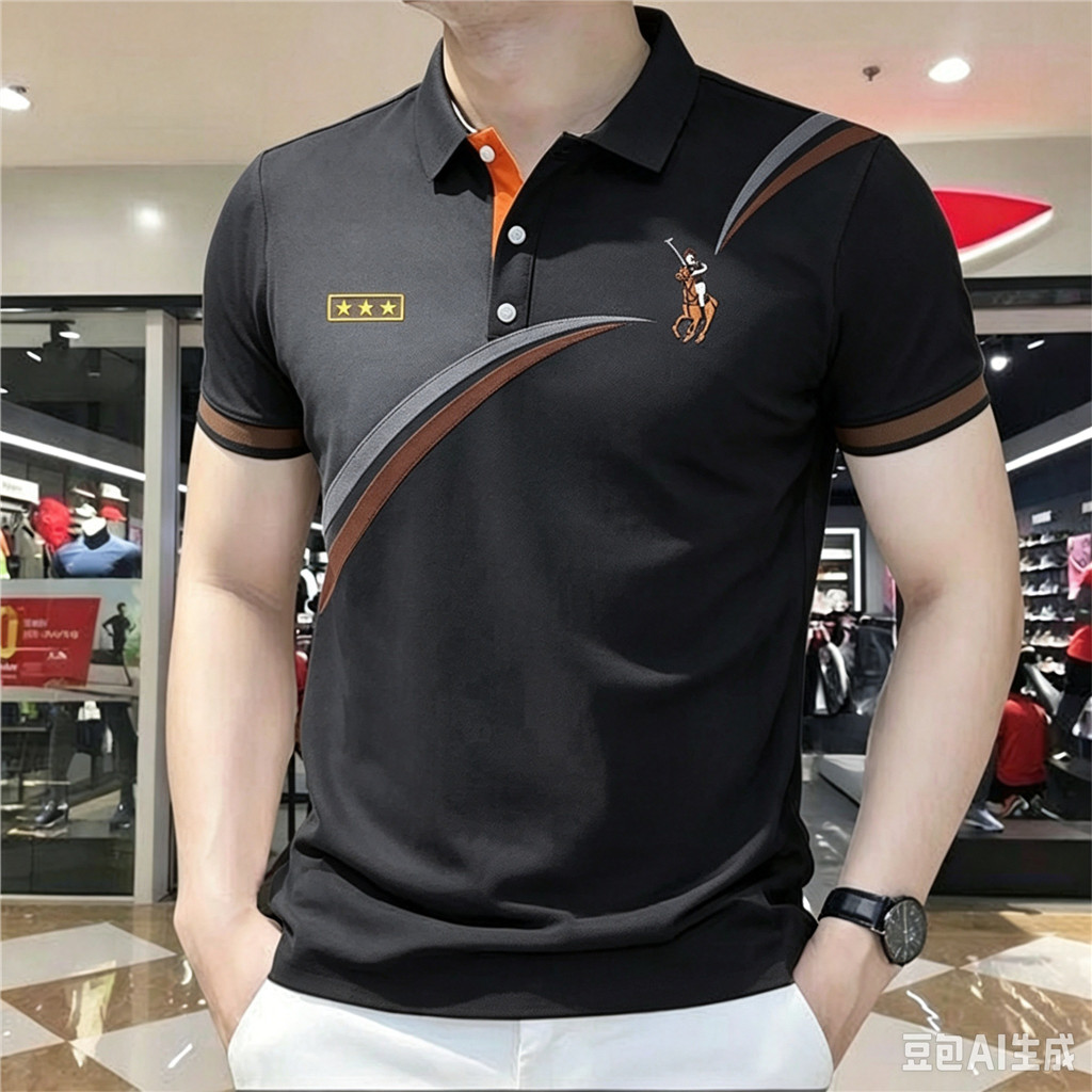 Camisa Polo Masculina De Manga Curta Bordado Cavalo Gráfico Cor Bloco Listra Turn-Down Colarinho Casual Negócios Uso Diá