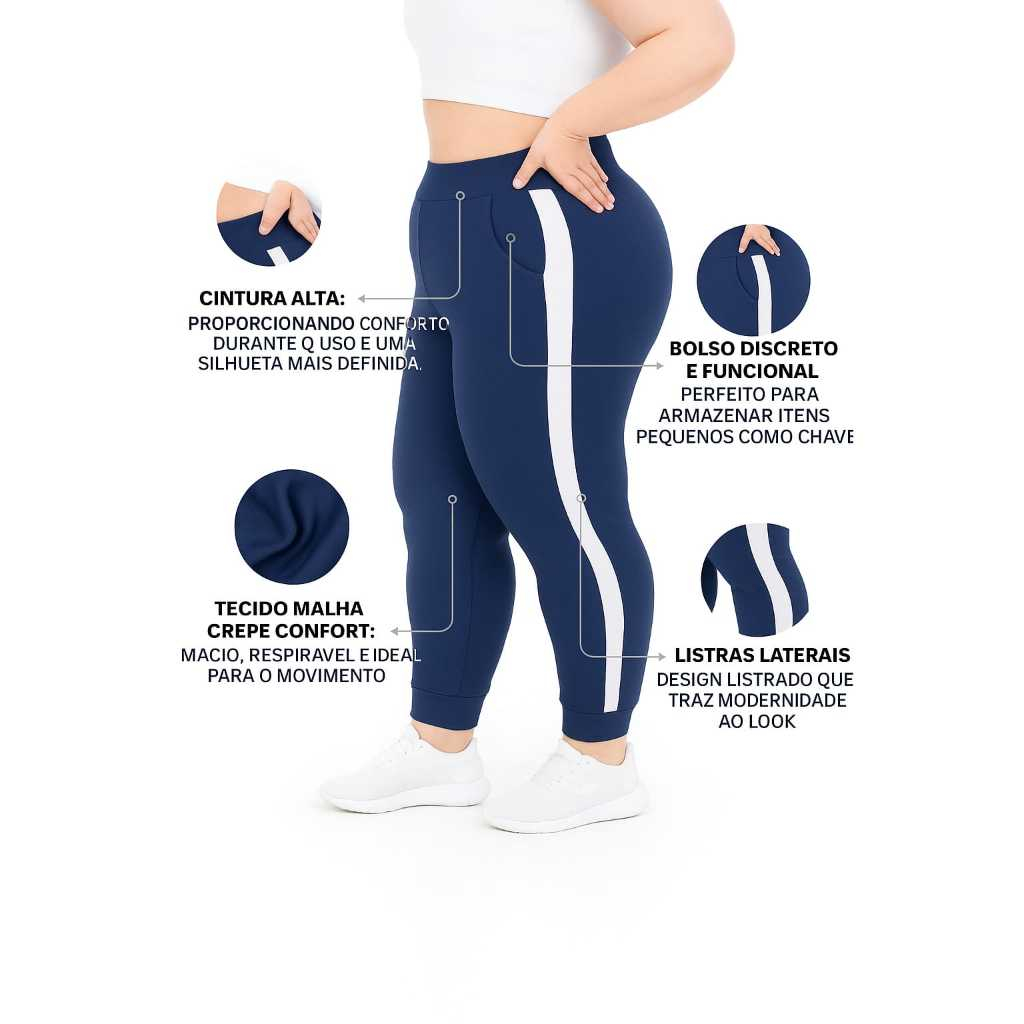 Calça Feminina Jogger Listrado Crepe Slim Fit Academia Causal com punho Çalça Faixa Plus Size