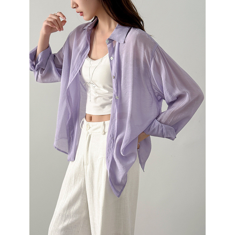 Women's purple sun protection shirt with back slit2025New Summer Style Loose and Lightweight Casual Shirt for Air Condit