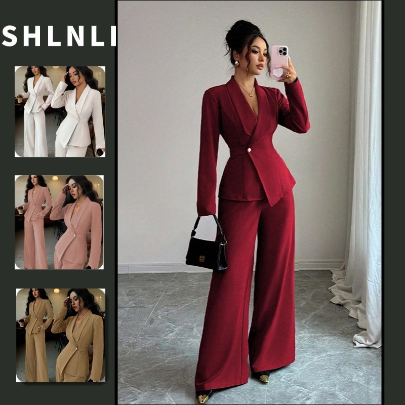 2 Pc/Set Primavera Verão Feminino Elegante Cintura Cinched Blazer Conjunto Lapela Manga Longa Casaco Alta Em Linha Reta