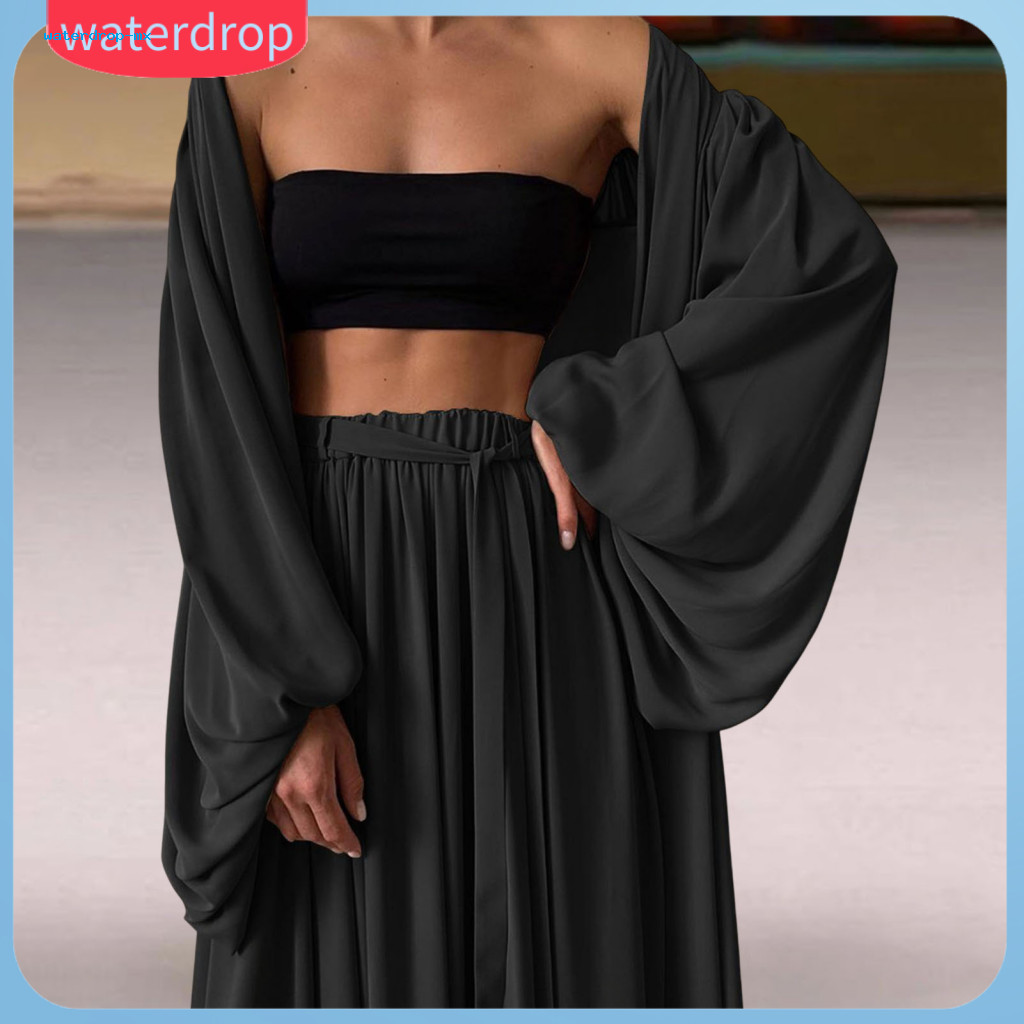 [waterdrop] 3 Pçs/Set Top Calças Casaco Terno Casual Plissado Perna Larga Manga Grande