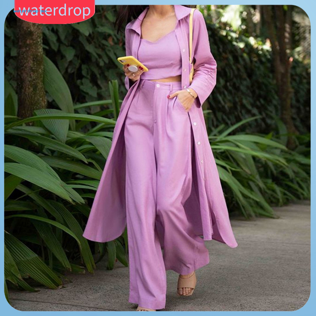 [waterdrop] 3 Pçs/Set Roupa De Outono Bainha Irregular Formal Padrão Reto Colete Sem Mangas Mulheres Tops Calças Conjunt