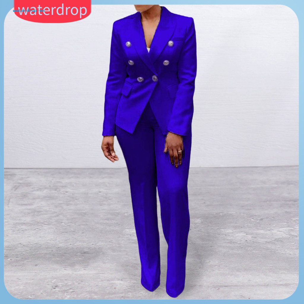 [waterdrop] 2 Pçs/Set Blazer Calças Terno Bolsos Retas Senhora Do Escritório Cor Sólida Lapela Jaqueta Conjunto