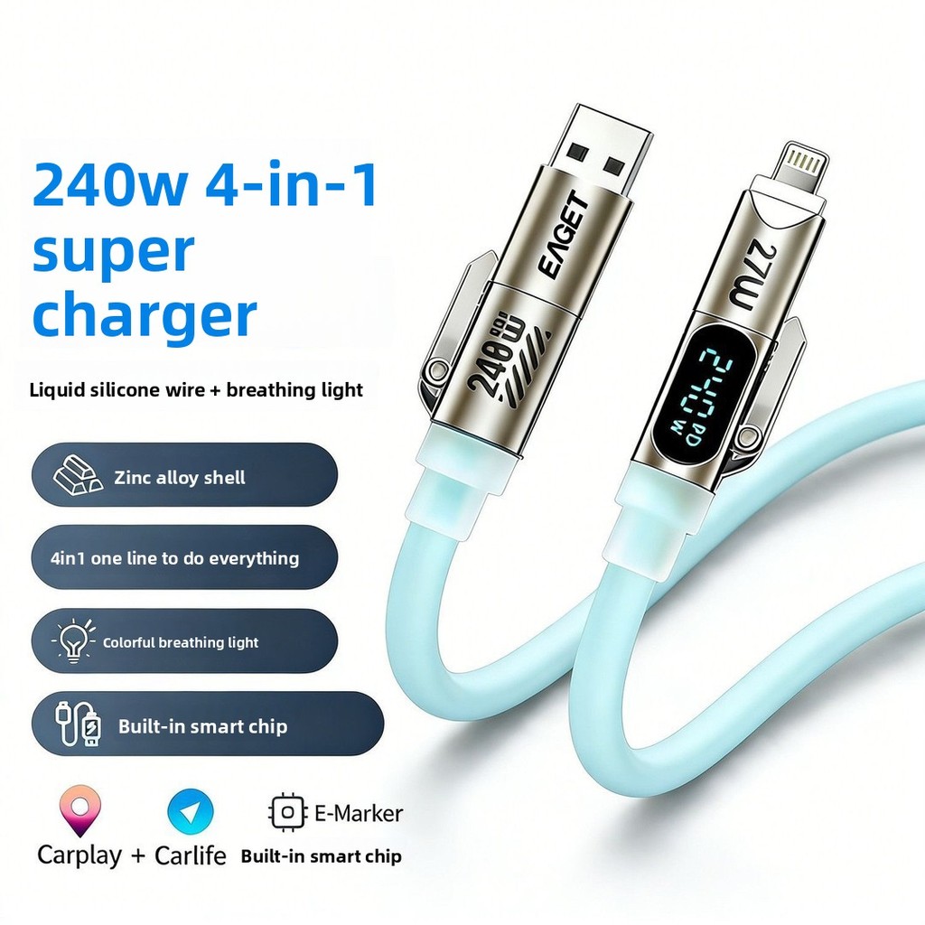 240W 4-Em-1 PD Cabo De Carregamento Rápido Display Digital Carregador De Silicone Líquido Fio Liga De Zinco E-Marker Par