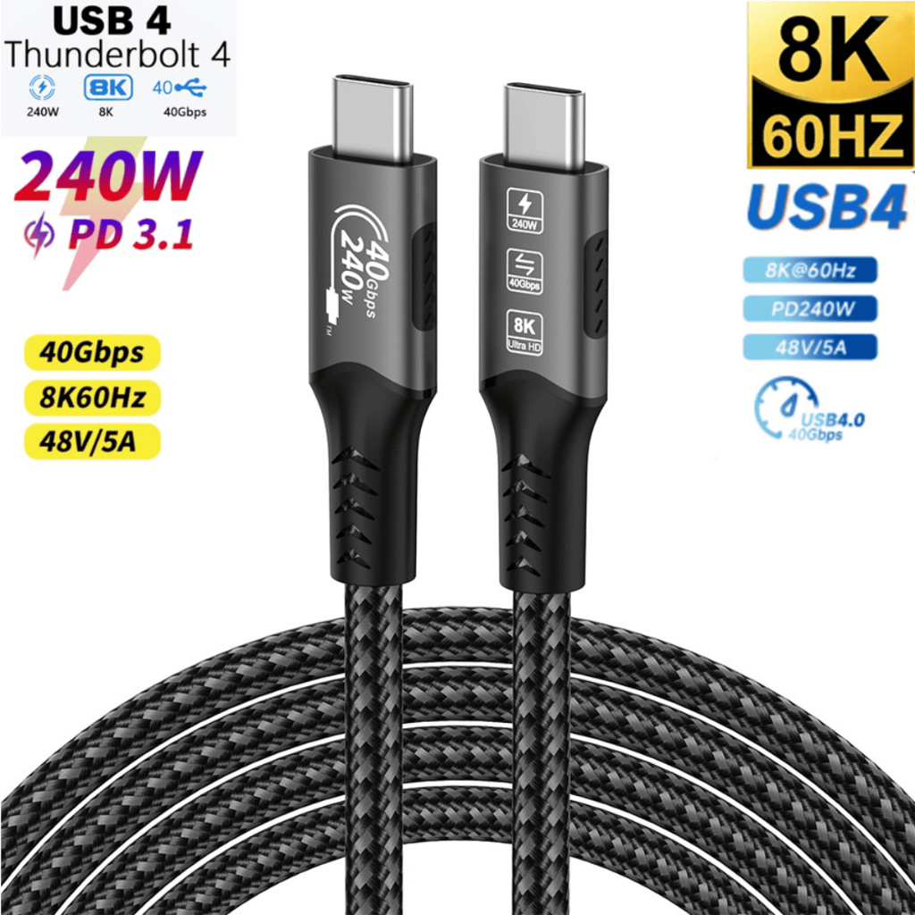 Cabo Turbo 240W Tipo-C Thunderbolt 4 40Gbps Transferência De Alta Velocidade 8K 60Hz Vídeo