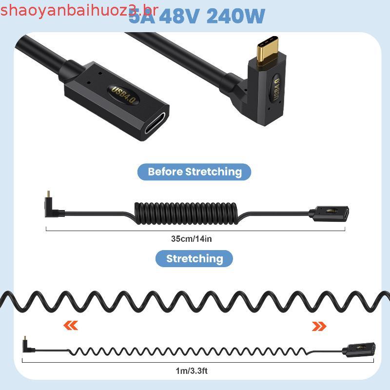 Cabo Extensor USB 4.0 Tipo-C Retrátil com Mola, Plug 90°, 40Gbps, 240W PD, 8K@60Hz, Compatível com Thunderbolt 4/3, 1.2m