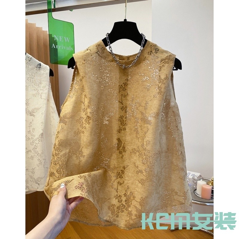 KCM High-End sem mangas topo feminino verão 2026 novo estilo oco Jacquard bonito estilo Casual estilo ocidental camisa p