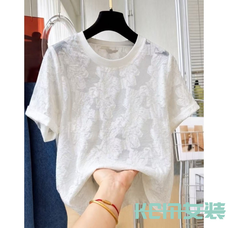 KCM Super quente luz luxo High-End preto Chiffon topo feminino manga curta 2026 novo estilo solto Jacquard camisa verão