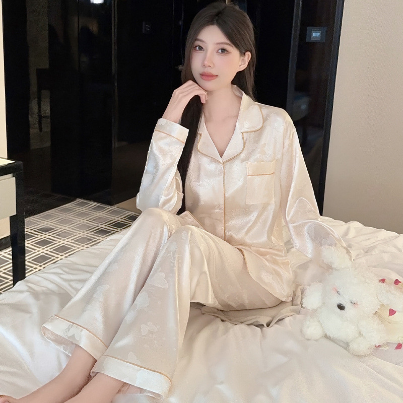 High-End cetim gelo seda pijamas feminino calças de manga comprida borboleta Jacquard doce terno macio confortável versã