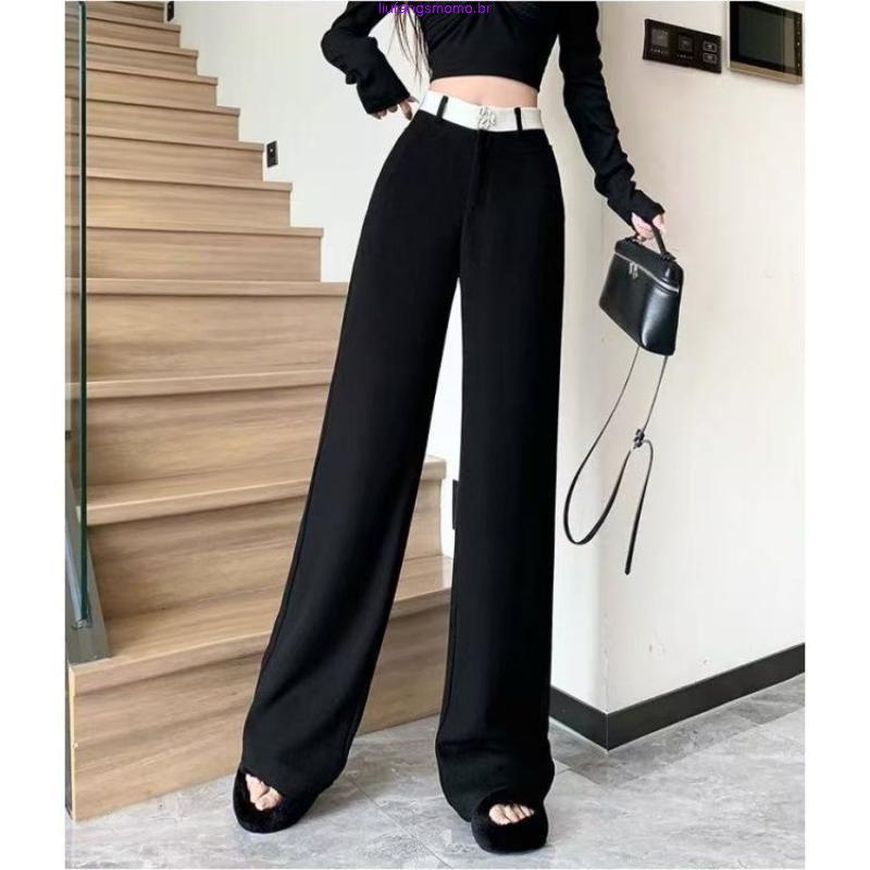 Black straight loose-fitting floor-length designer wide-leg pants for women, autumn and winter high-waisted woolen drape