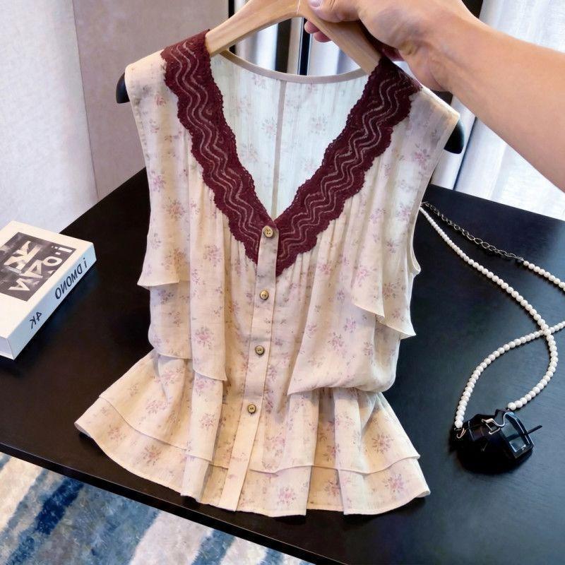 [Seckill por tempo limitado] Moda francesa renda suave com decote em V babados Floral Breasted camisa sem mangas, 2026 v