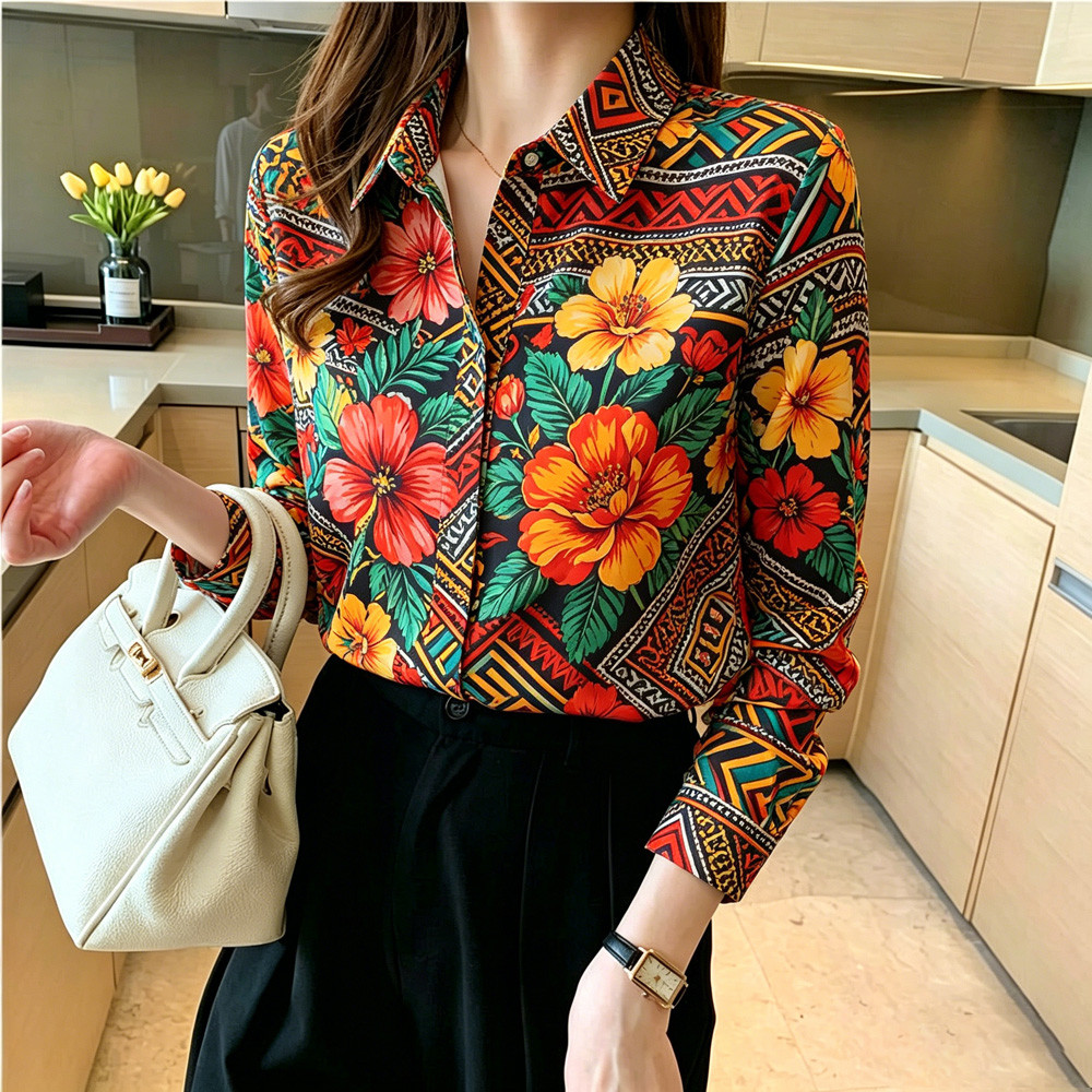 Conforto Respirável Único Breasted Feminino Manga Longa Blusa Impressa Africano Étnico Tribal Geométrico Hibisco Flor Re