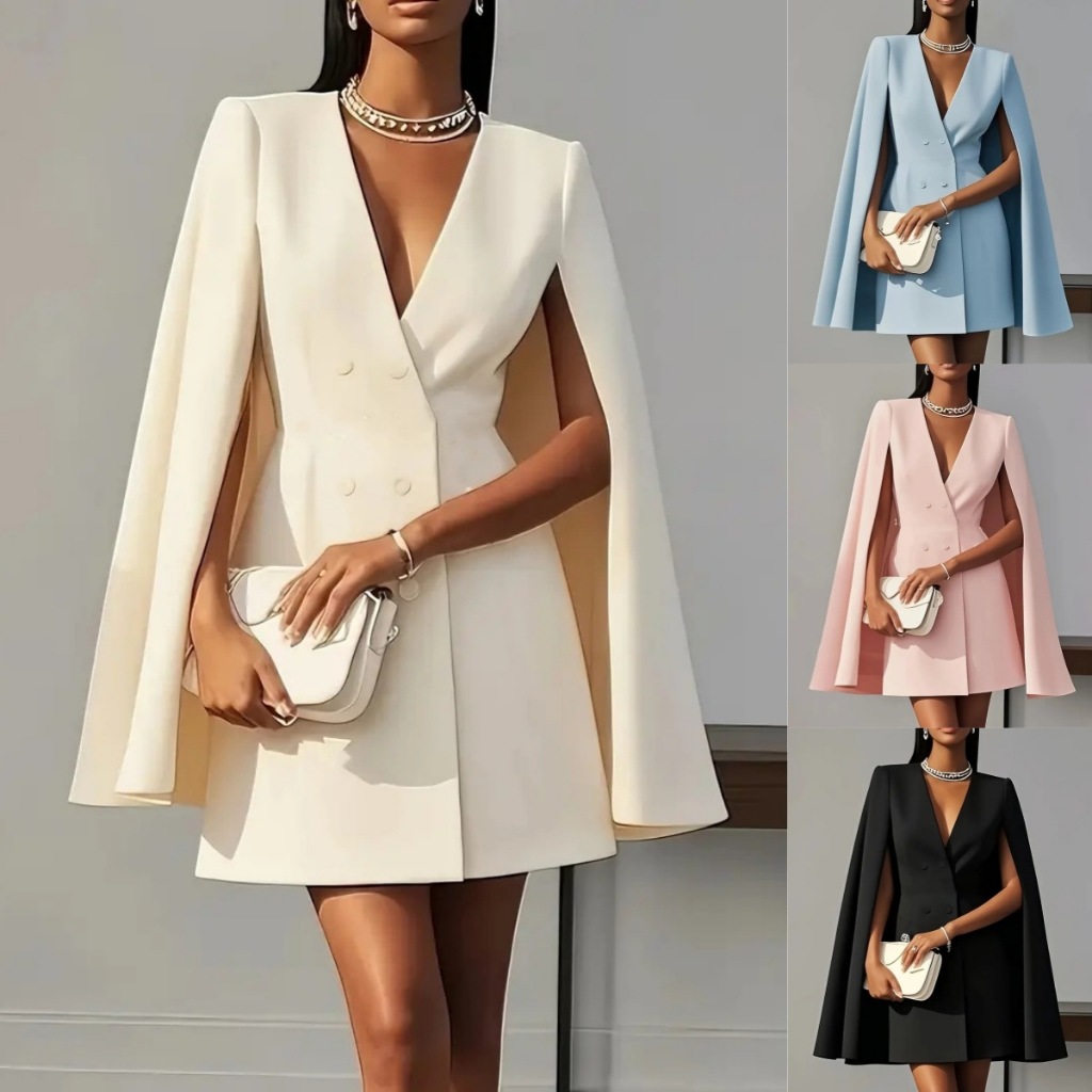 Europeu E Americano Feminino Outono Duplo Breasted Xale Capa Cor Sólida Terno Vestido Para Mulher