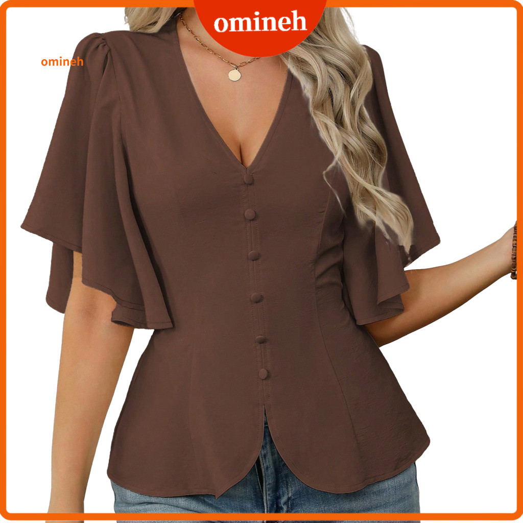 Women Tops Loose Women’s V Neck Short Sleeve Blouse Soft Stretchy Waist Single Breasted Shirt for Party Vacation Offic