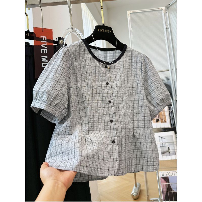 [Promoção por tempo limitado] Camisa xadrez de manga curta de algodão de verão com gola redonda, estilo coreano, Top red