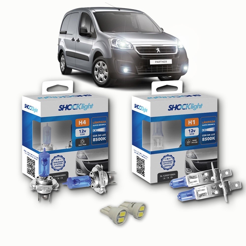 KIT lâmpadas Super brancas + LED T10 Peugeot Partner 1999/2009 Farol H4 + milhas H1 8500k