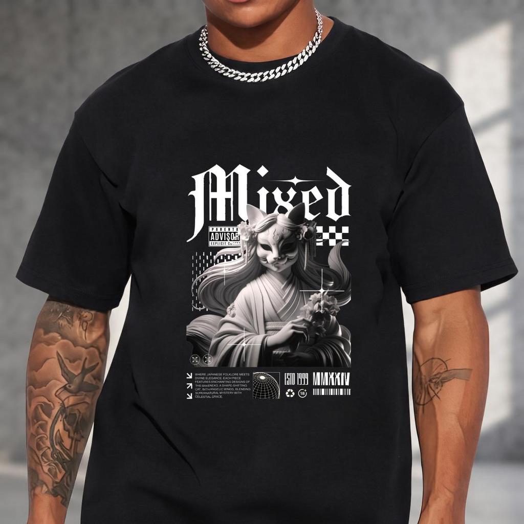 Camiseta Preta Masculina Estampa Máscara Kitsune Mixed Arte Gráfica Manga Curta Gola Redonda Versátil 100% Algodão