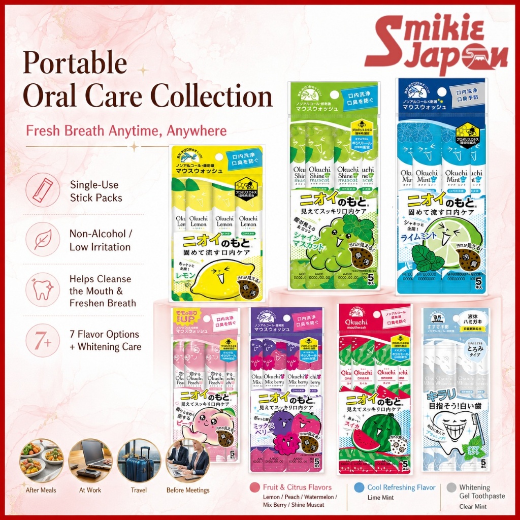 Bitatto Japan Okuchi Portable Mouthwash Series 3 packs / 6 packs (11ml × 5 Sticks / 1 pack）| Lemon / Mint / Whitening / Peach / Mixed Berry / Watermelon | Breath & Oral Care