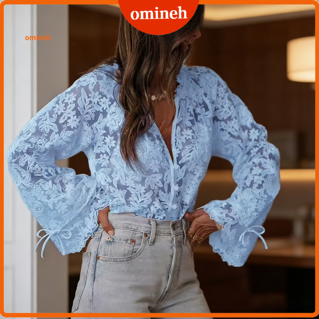 Lace Tops Top Women’s Lantern Sleeve Shirt Flared Cuffs Hollow Floral Design Single Breasted Blouse – Elegant Work D