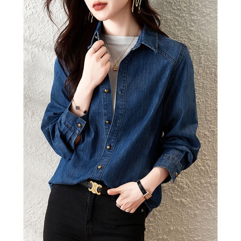 Mulheres Vintage Denim Camisa Primavera Outono Manga Comprida Jeans Camisas Femininas Casual Sólido Único Breasted Lapel