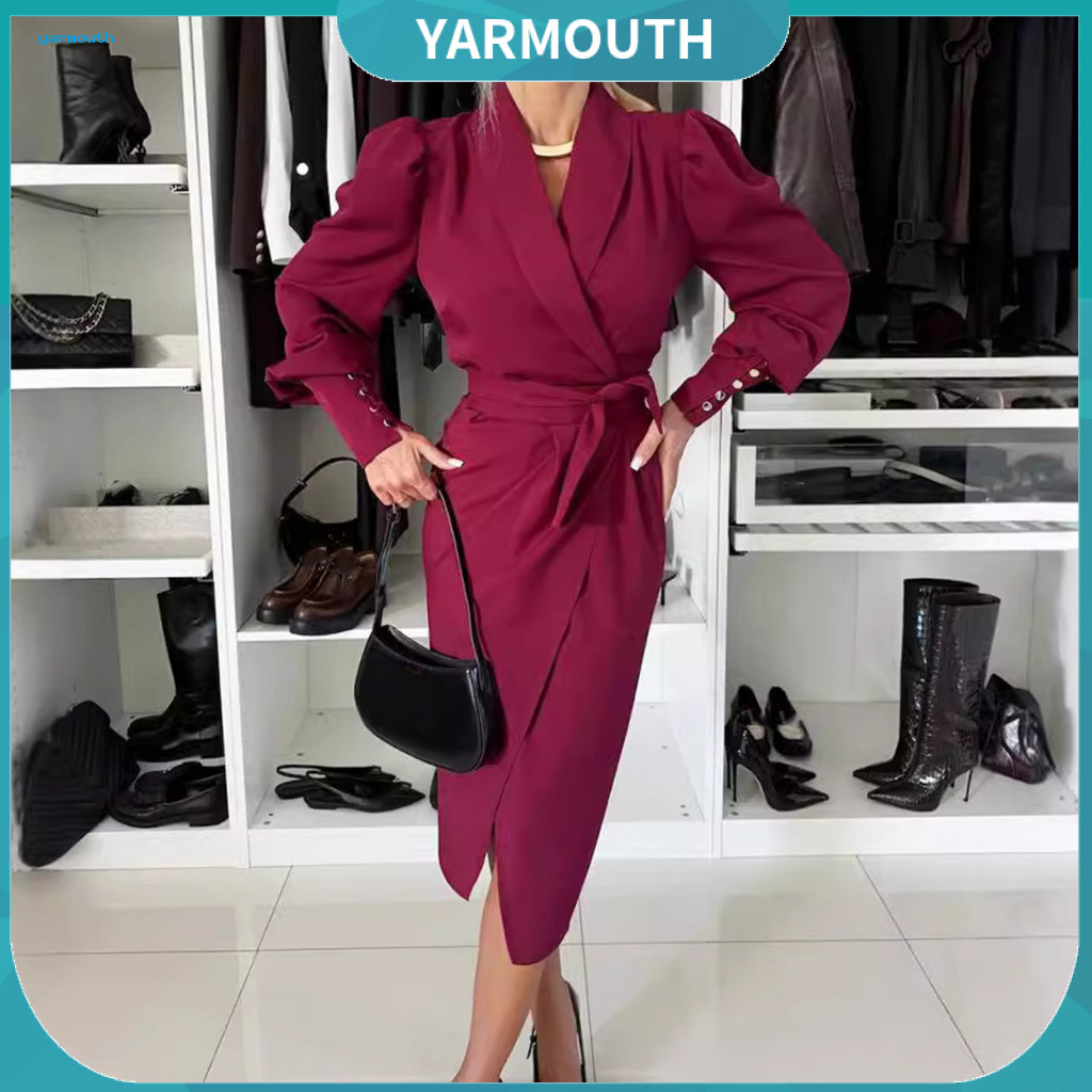 Formal Dress Women Women’s Business Turn-down Collar Long Sleeve Slim Fit Midi with Lace-up Cardigan Pure Color Ol Com