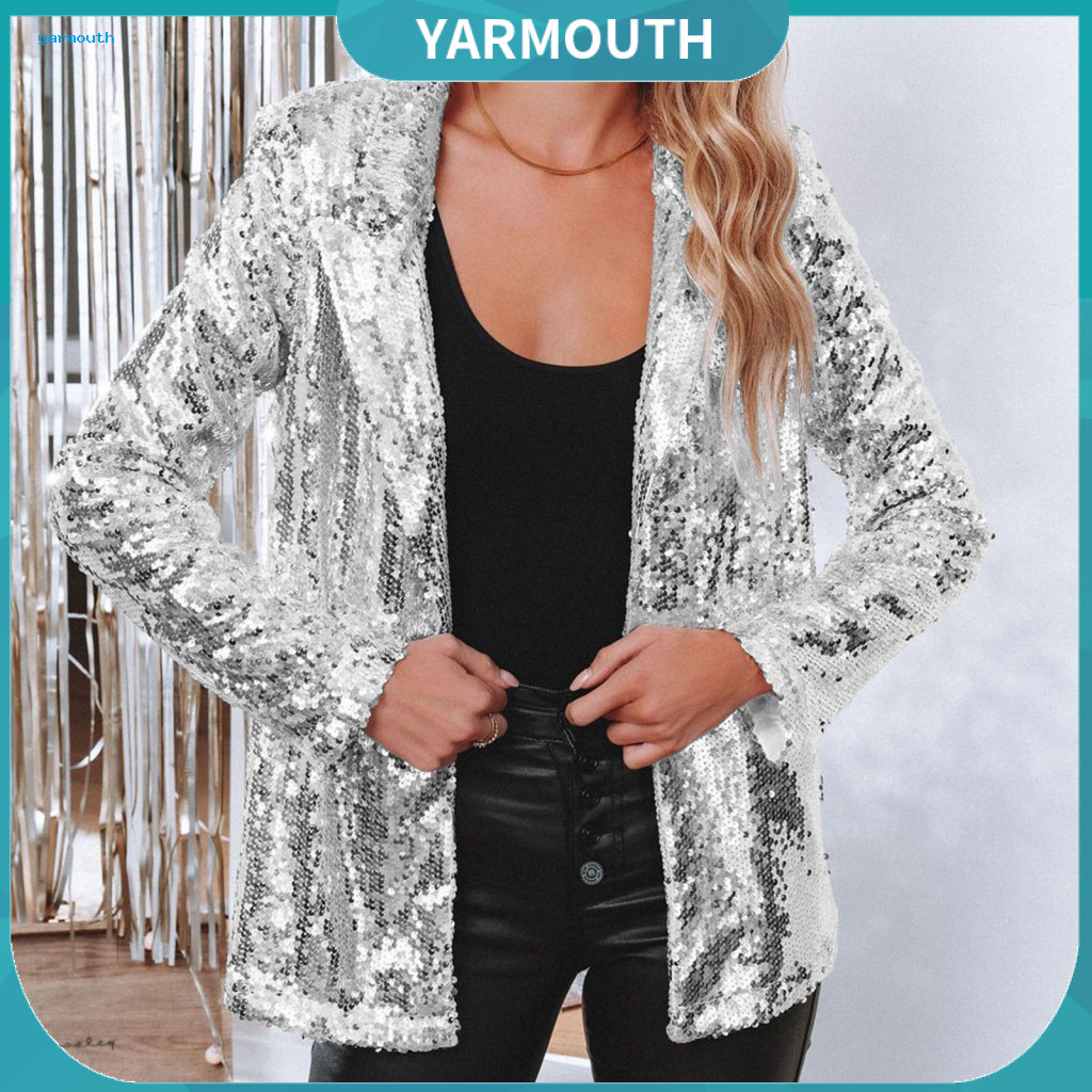 Women Sequin Cardigan Coat with Sequins Lady Open Stitch Turn-down Collar Long Sleeves Solid Color Formal Business for O