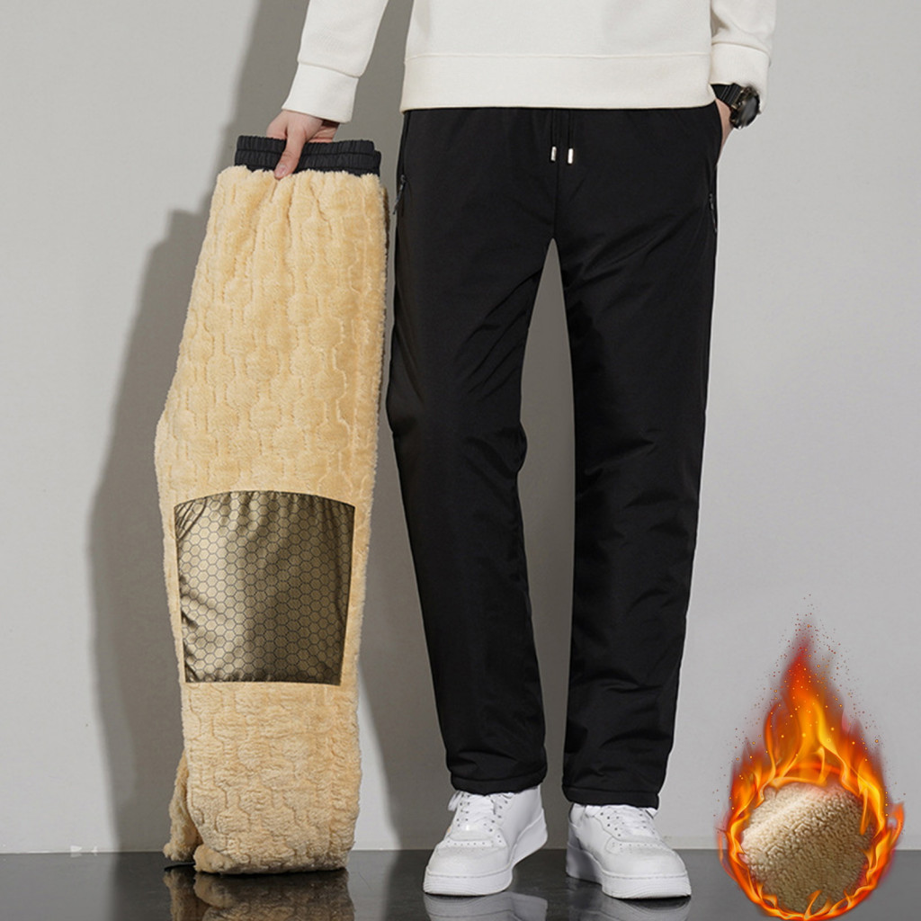 Men Thermal Pants Weather Winter Men’s Thick Fleece Elastic Waist Drawstring Plus Size Warm Trousers with Zipper Pocke