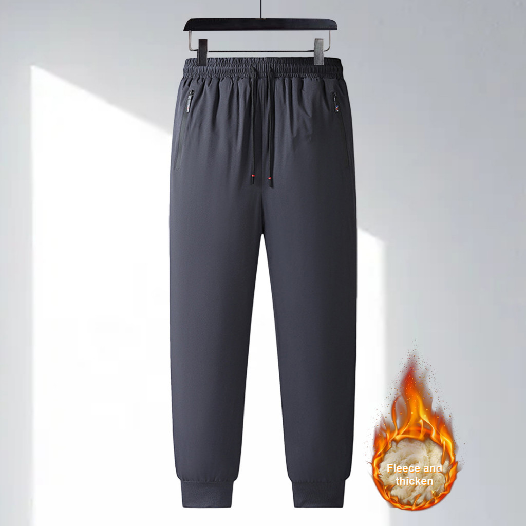 Men Pants Knee Protection Trousers Winter Men’s Thick Plush Elastic Waist Drawstring Warm Fleece Lined with Zipper Poc