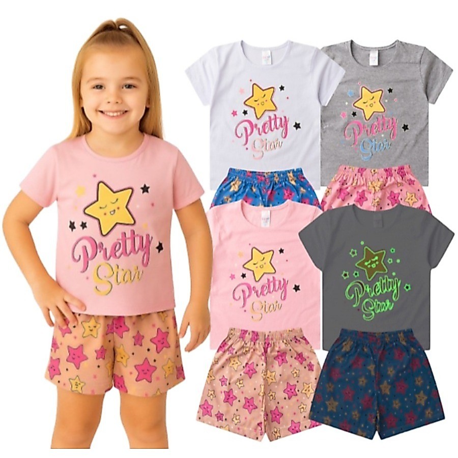 Pijama BRILHA NO ESCURO Infantil Menina Verão Pretty Star - Hey Kids