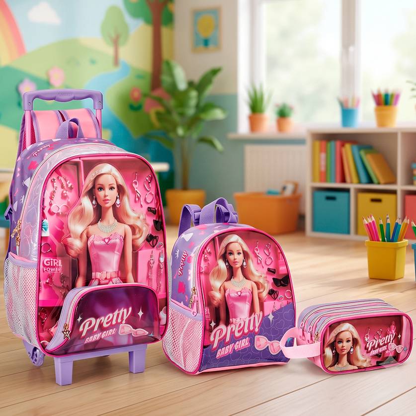 Kit Mochila Rodinhas Menina Feminina Escolar Princesa Pretty Baby Girl Star + Lancheira + Estojo