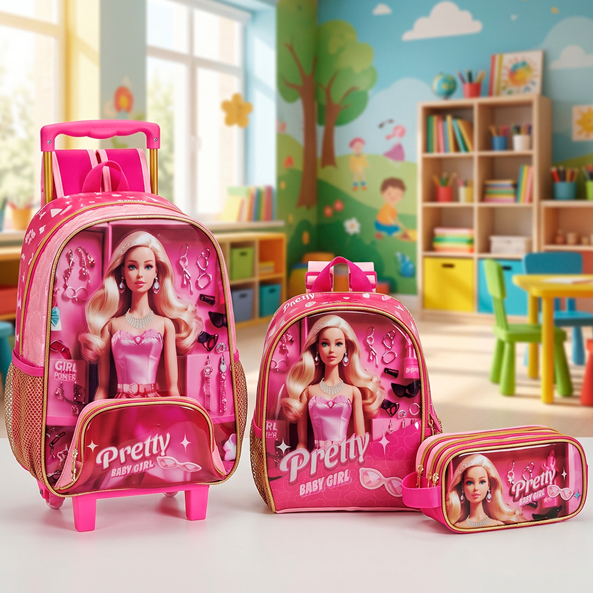 Kit Mochila Rodinhas Menina Feminina Escolar Princesa Pretty Baby Girl Star + Lancheira + Estojo