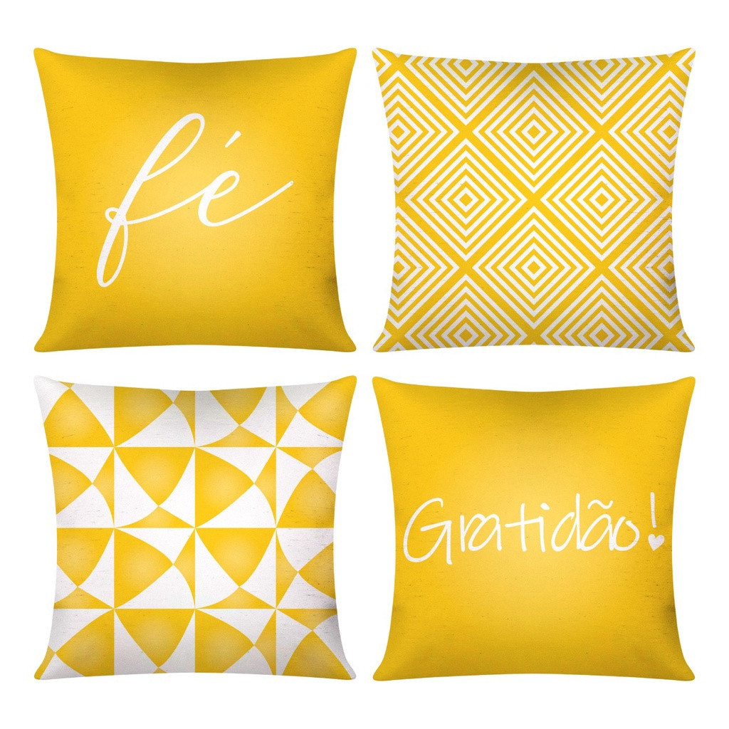 Kit c/ 4 Capas de Almofada Decorativas Modern Print 45x45 - Fé e Gratidão Amarela