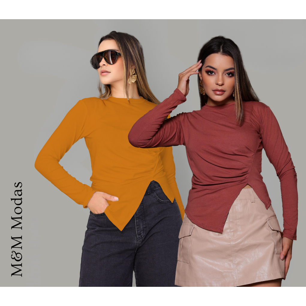 KIT 2 Blusa Feminina Manga Longa Assimétrica | Tamanho Único | Look Fashion