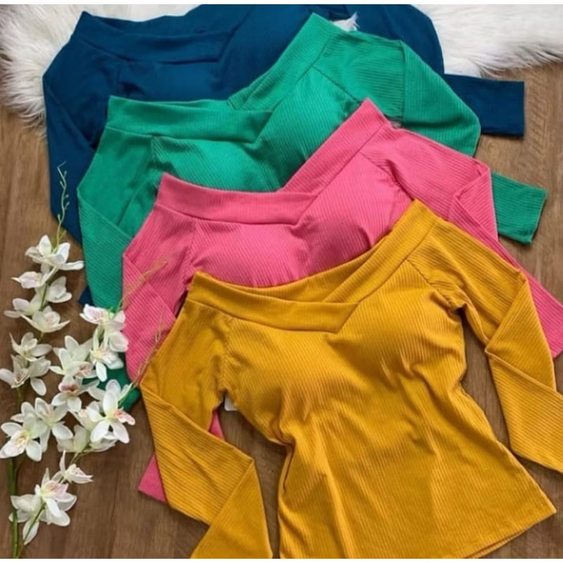 Blusa Feminina Manga Longa Inverno Ombro a Ombro Bojo Malha Canelada Tamanho Único
