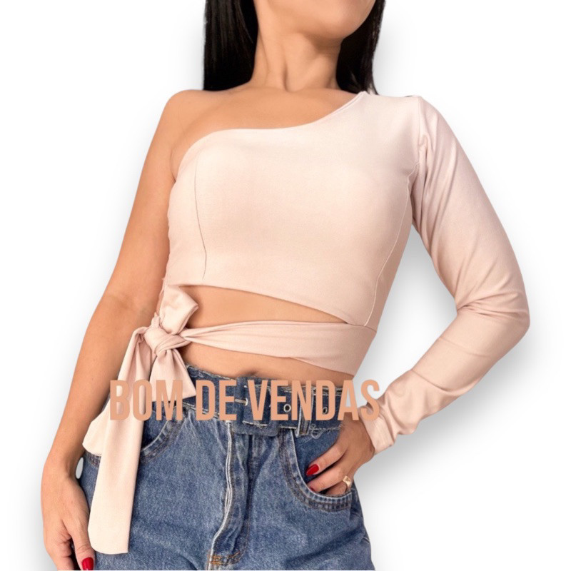 Cropped mula manca feminino blusa manga longa manga unica amarração Laço lateral