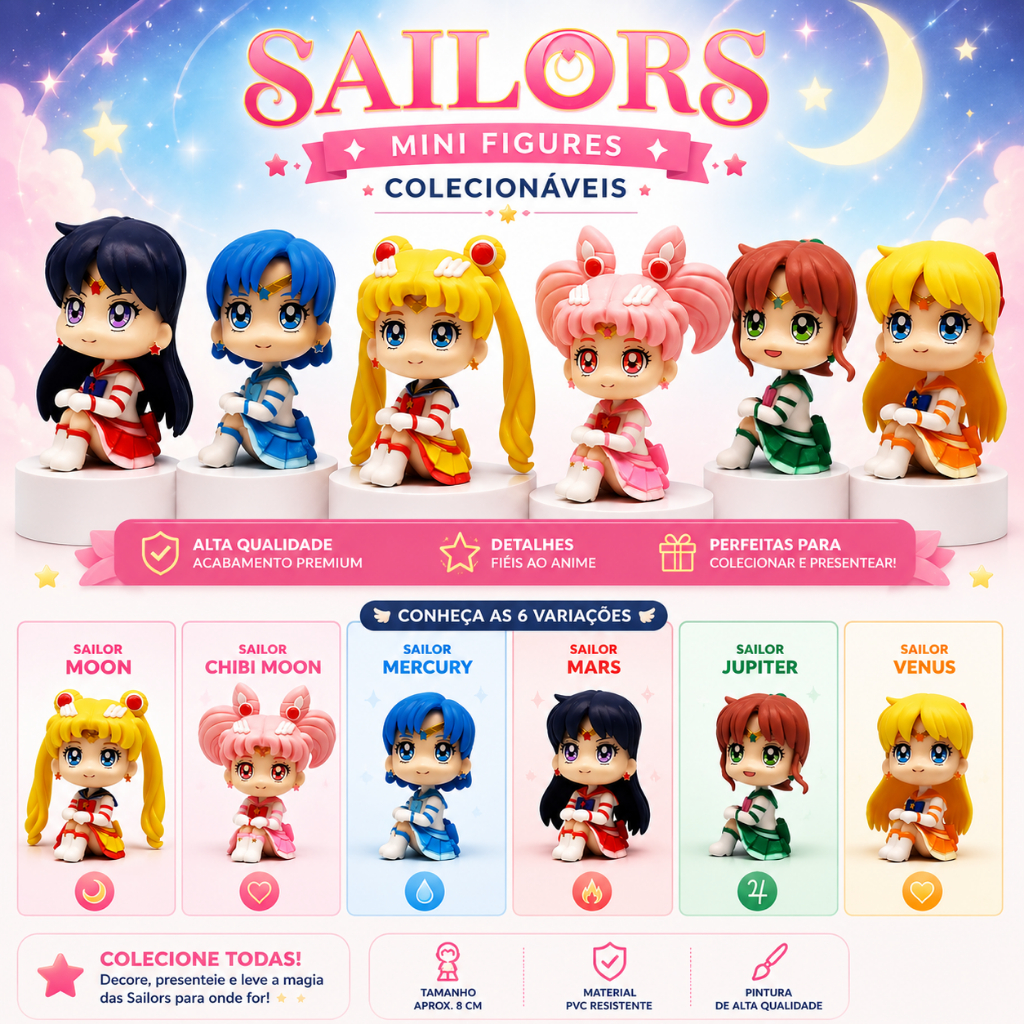 Mini Figure Sailor Moon Anime Colecionável Chibi Moon Mercury Mars Jupiter Venus Tuxedo Mask