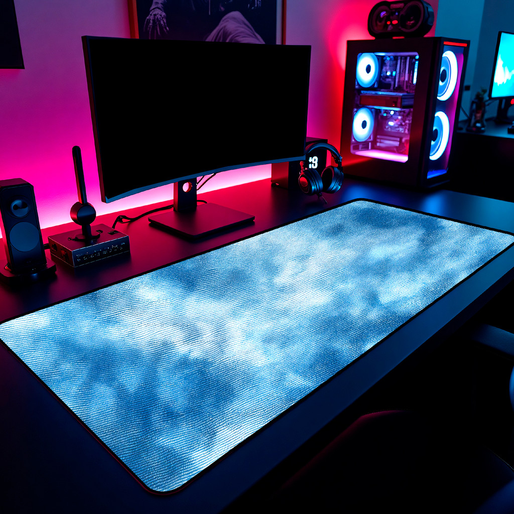 Mouse Pad Gamer Azul Tie Dye Nuvem Textura Abstrato 65x30cm 80x40cm 90x50cm 120x60cm Borda Costurada