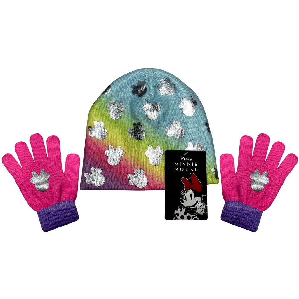 Kit Inverno Infantil Menina Personagem Minnie Mouse Colorido Tie-Dye - Disney : Touca Gorro + Luvas
