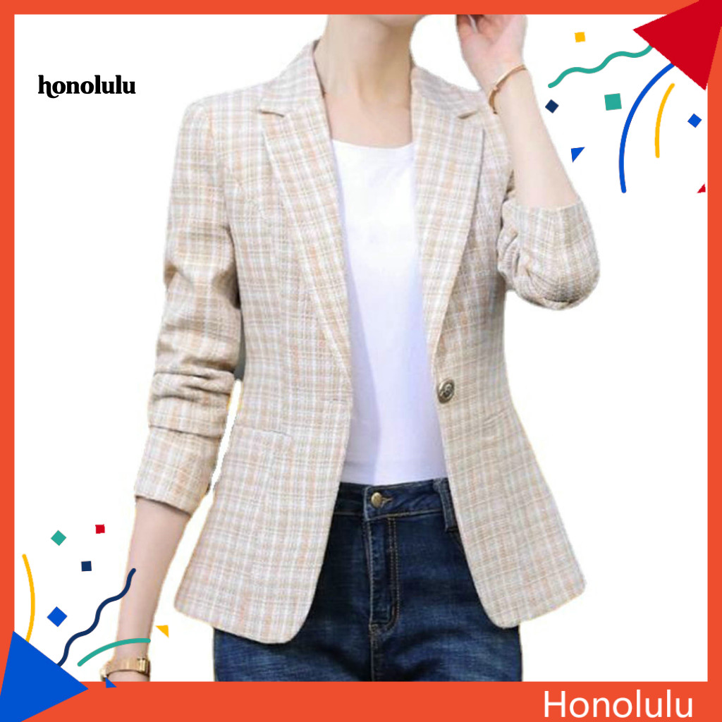 Hon * Blazer Feminino Xadrez Impressão Contraste Cor Turn-down Colarinho Cardigan Mangas Compridas Quente Negócios Anti-