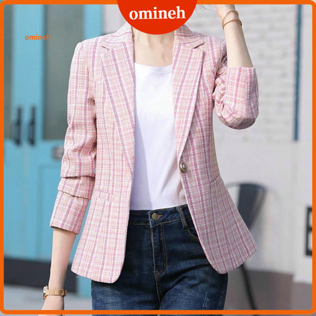 Blazer Feminino Xadrez Impressão Contraste Cor Turn-down Colarinho Cardigan Mangas Compridas Quente Negócios Anti-Rugas