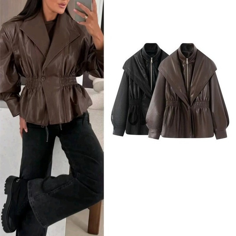 Mulheres Jaqueta De Couro Fino Primavera Outono Manga Longa Turn Down Colarinho Cintura-cinching Design Casaco Falso Fem