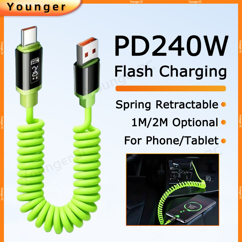 Cabo Carregador De Celular PD240W | De Dados De Carregamento Rápido USB Para Tipo C Retrátil De PVC Com Mola 1M/2M Carro