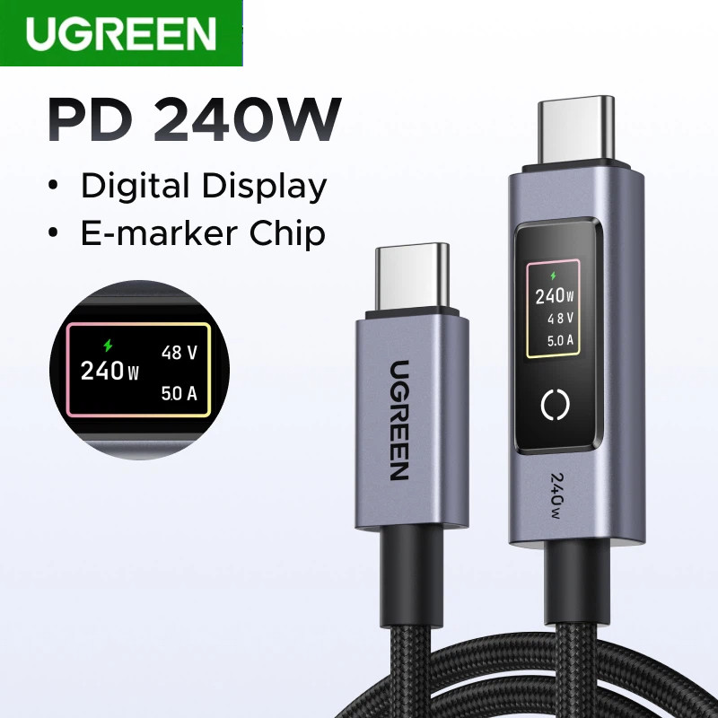 Cabo UGREEN USB-C PD240W Tipo Com Display Digital Para De Carregamento De Laptop Macbook