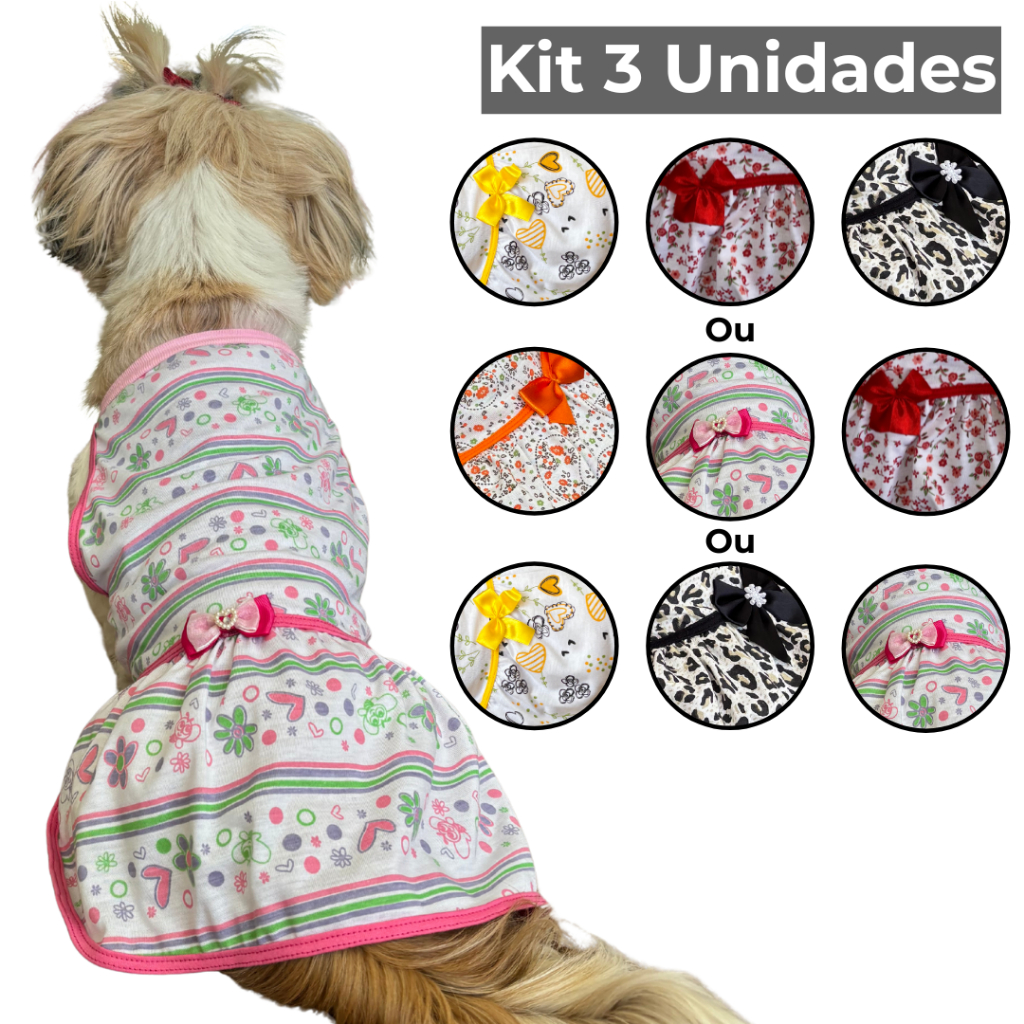 Kit 3 Vestidos para Pet Verão - Roupinha Elegante pra Cachorro de Porte Pequeno a Grande - Roupa Para Macho e Fêmea